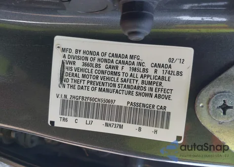 2012 Honda Civic Hf из США, поврежденный, VIN 2HGFB2F60CH550697